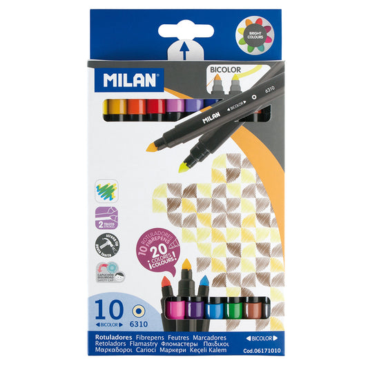 Milan Markers Bicolour Double Ended Tip Pens 10 Pack 20 Assorted Colours - City Books & Lotto